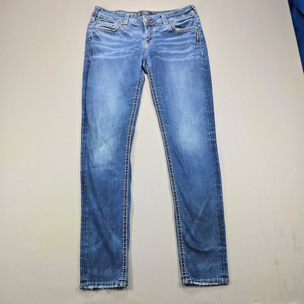 Silver Jeans Aiko Mid Skinny Distressed Contrast Stitch Blue Denim Women W31 L31